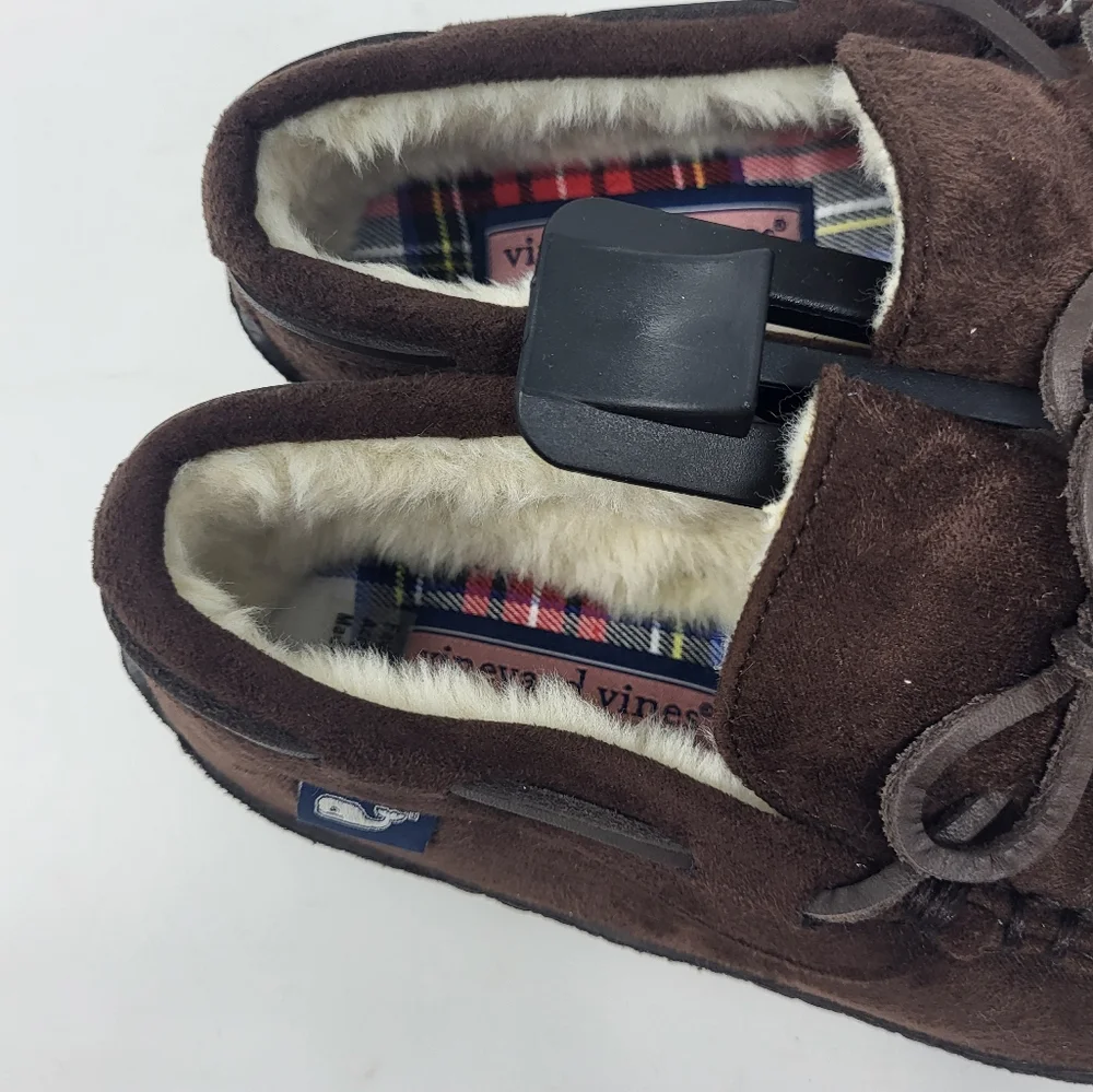 Vineyard Vines Boys Size 4 Peak Plaid Moccasin Slippers Brown‎ Suede Lined
